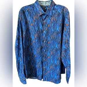 Robert Graham Tatum Mens Blue With Burnt Orange Print Size 2XL Long Sleeve Shirt